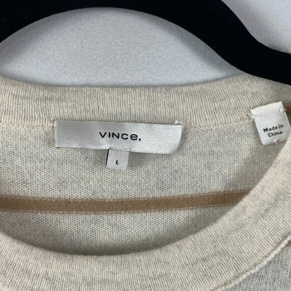 Vince 100% Cashmere Crew Neck Sweater Womens L Beige Tan Stripe Pullover Slim - Picture 4 of 10